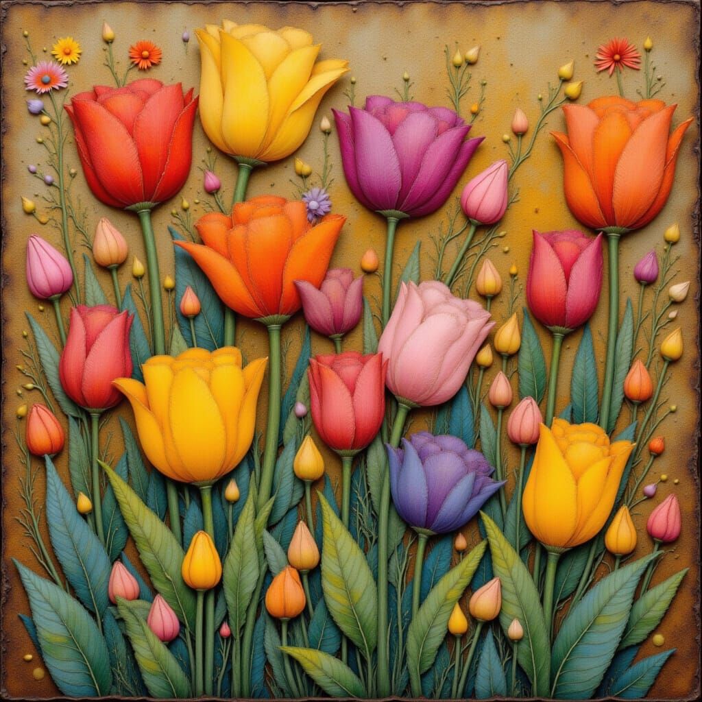 Vibrant Folk Art Tulips Bouquet