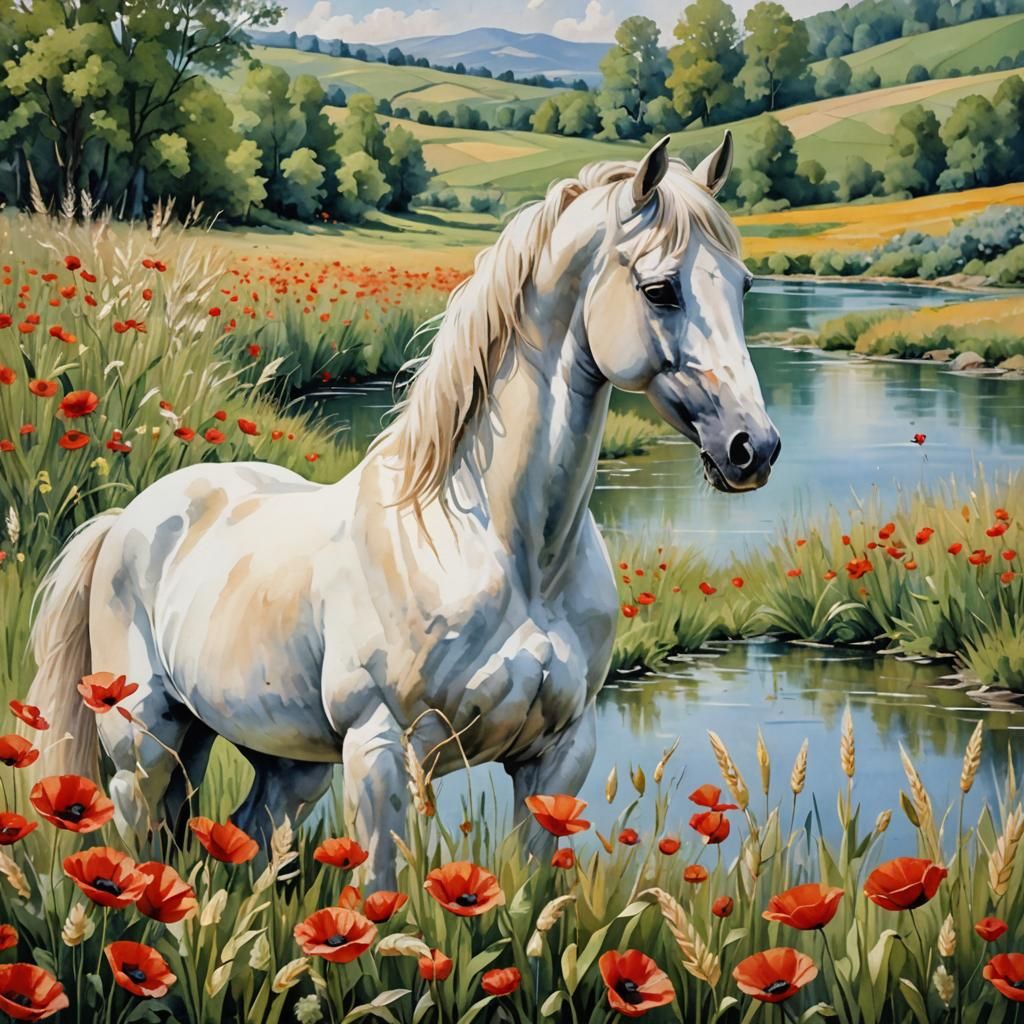 Poppy Meadow with White Horse, Impasto Watercolors