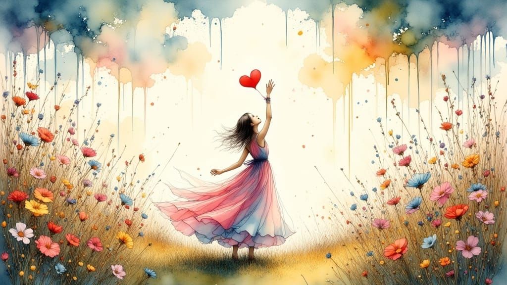 Whimsical Woman Reaching Skyward in Watercolour Landscape