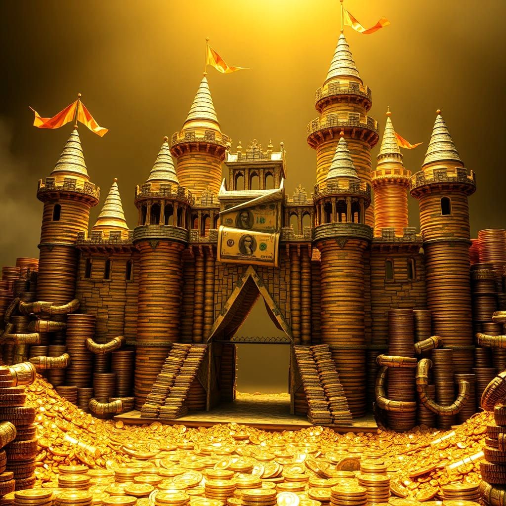 Majestic Gold Coin Castle in Warm Golden Light