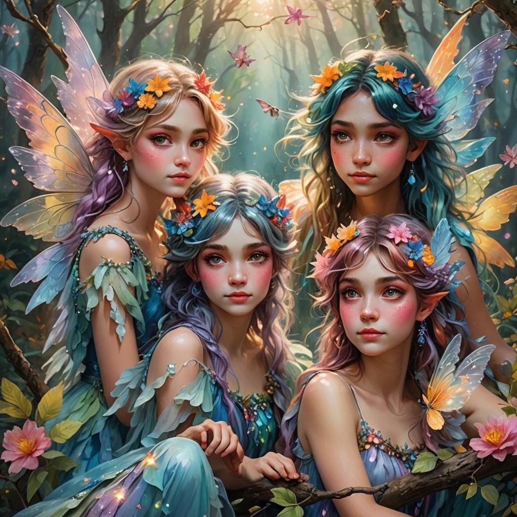 Colorful Fluffy Fairies on Branch in Splash Art Style
