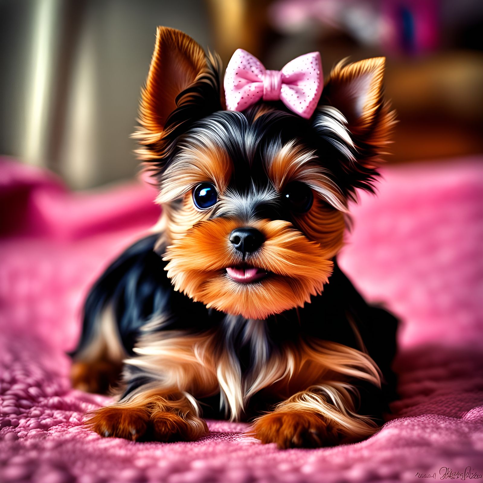 Happy Miniature Yorkie Puppy with Bows in Living Room