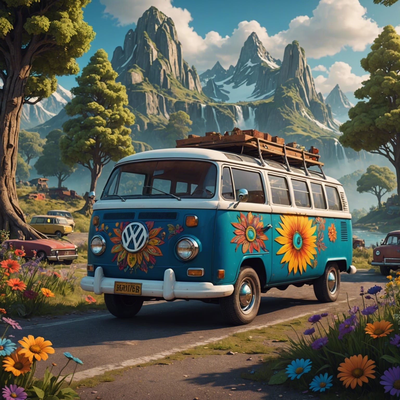 1960s Hippie Van in Detailed Matte Style