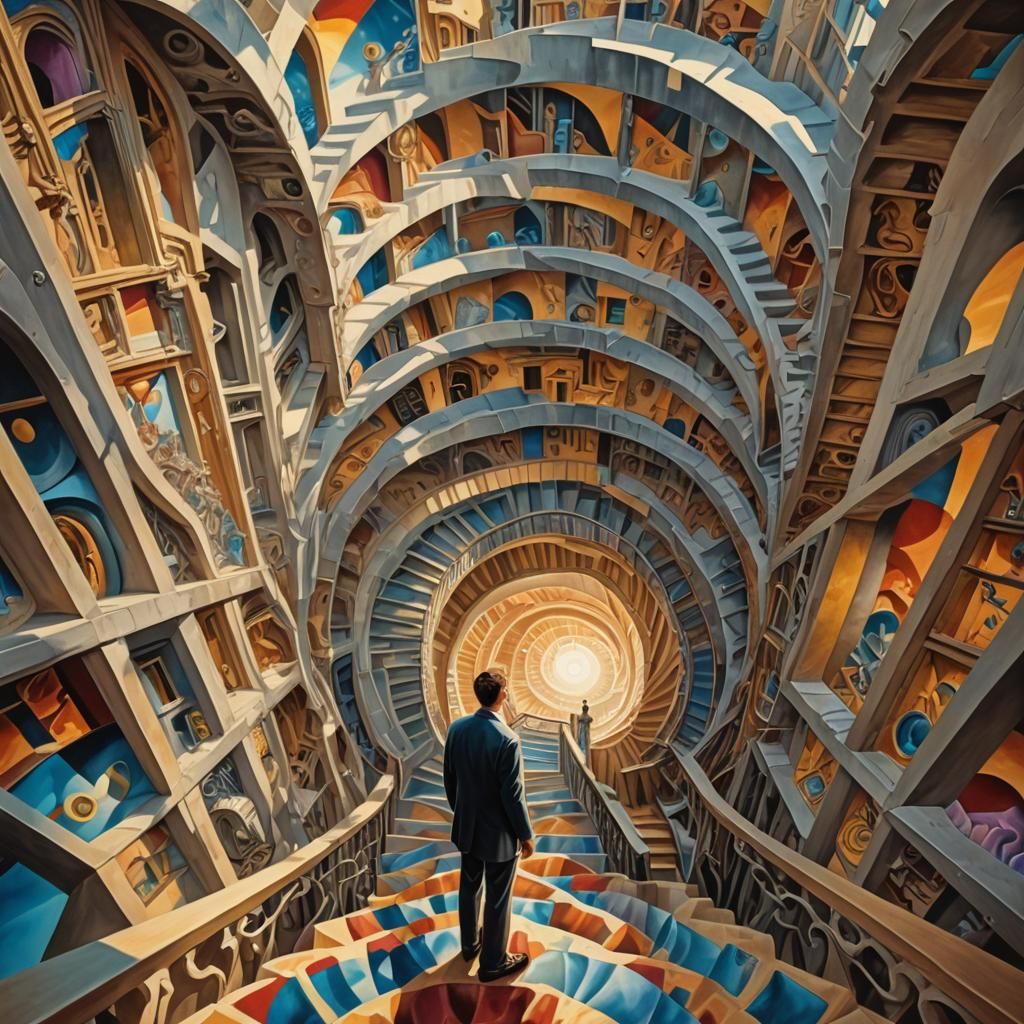 Surreal Infinite Staircase in Impossible Geometry Art Style