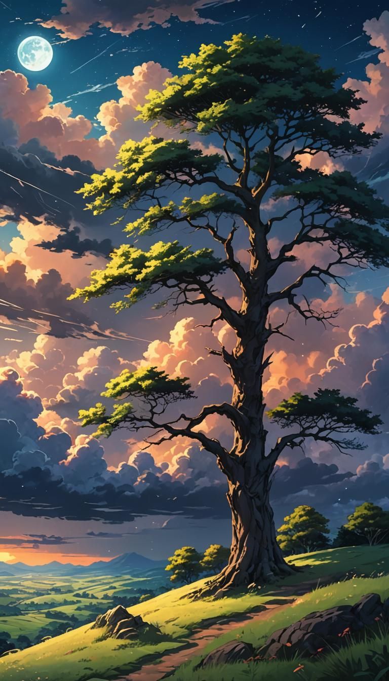 Anime Night: Solitary Tree Amidst Cloudy Sky