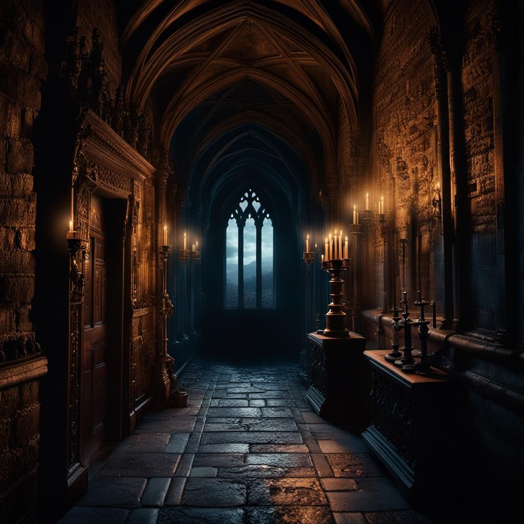 Candlelit Castle Corridor at Dusk: Digital Matte Painting