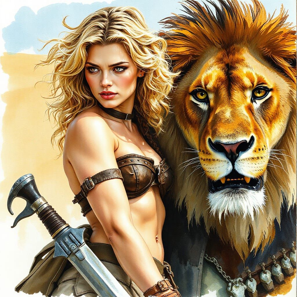 Regal Desert Warrior with Lion Companion in Impressionist Br...