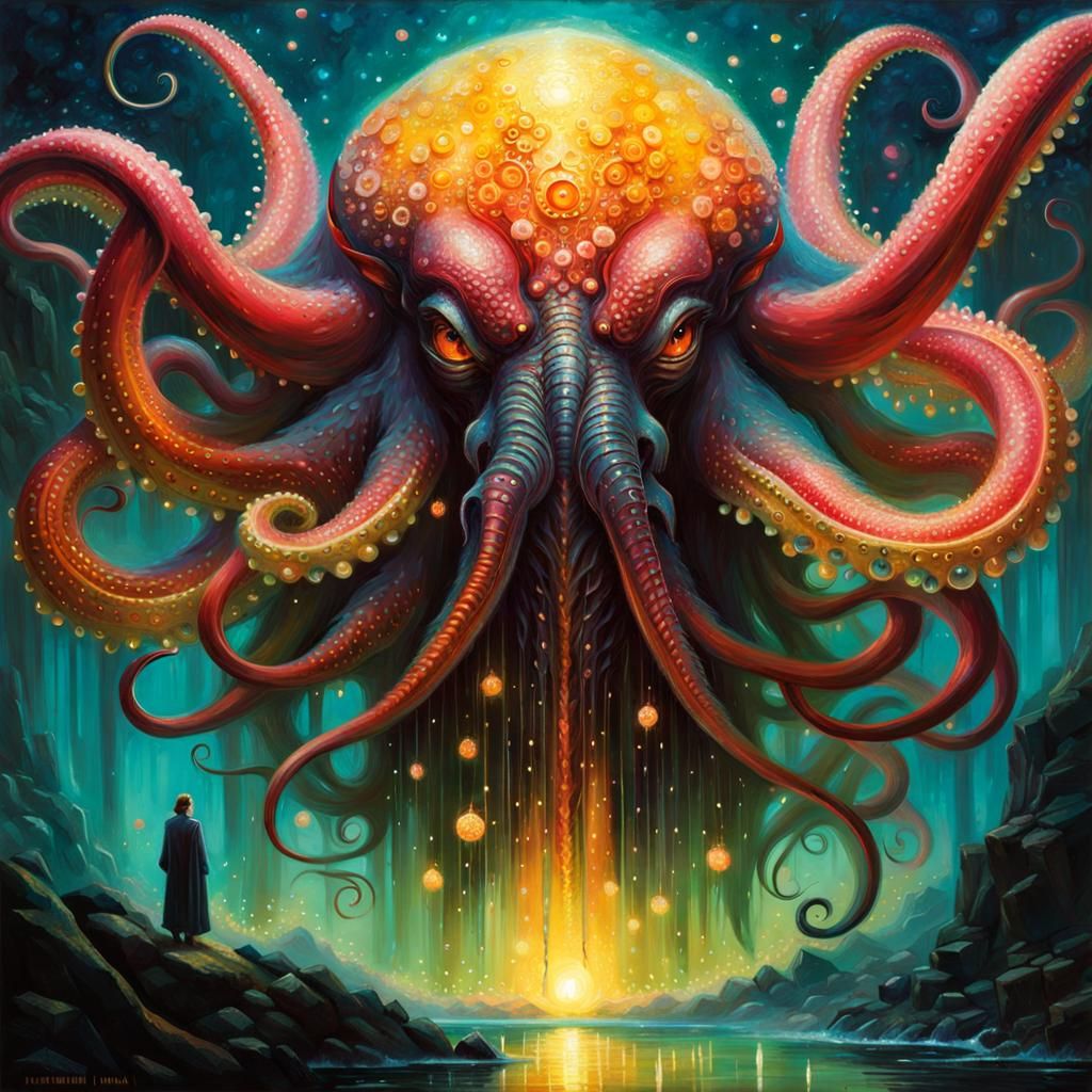 Mystical Cthulhu Close-Up with Blossoms