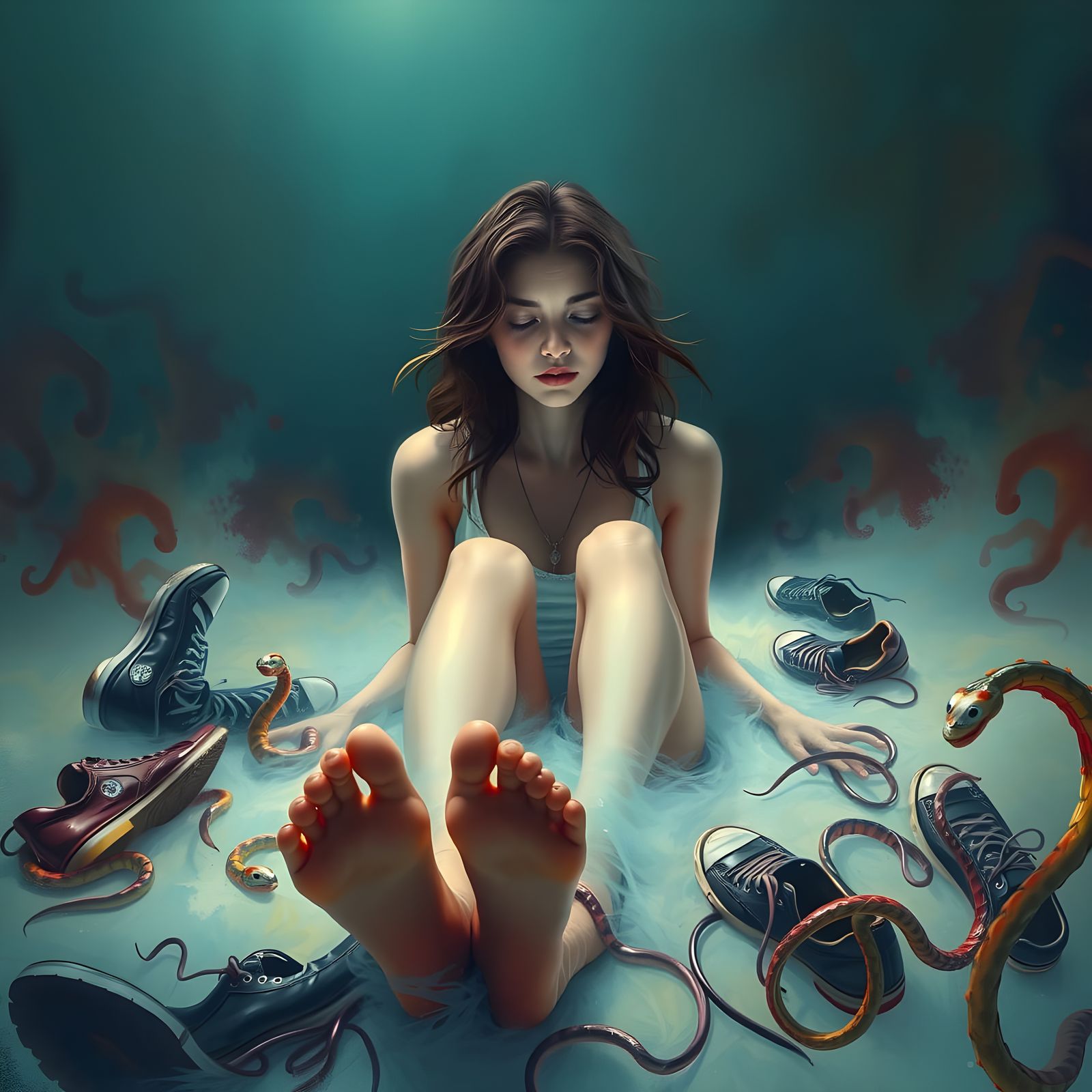 Surrealist Scene of Hypnotic Aversion to Shoes, Bold Brushst...