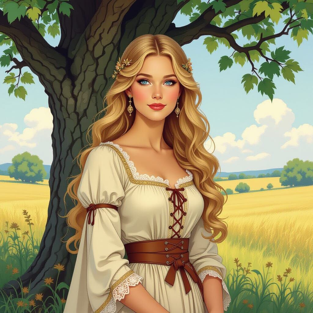 Medieval Noblewoman in Pastoral Setting, Art Nouveau Style