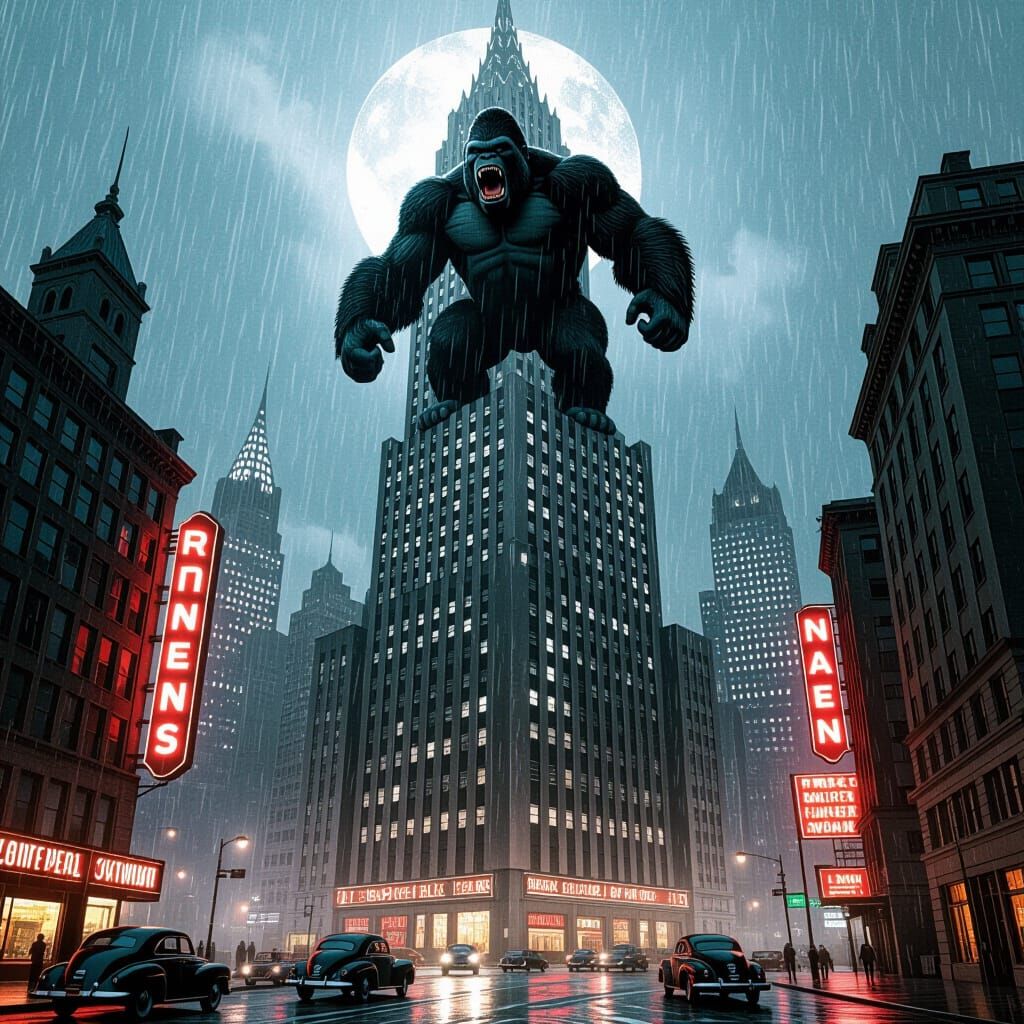 King Kong Roars from Art Deco Skyscraper in 1930s Metropolis