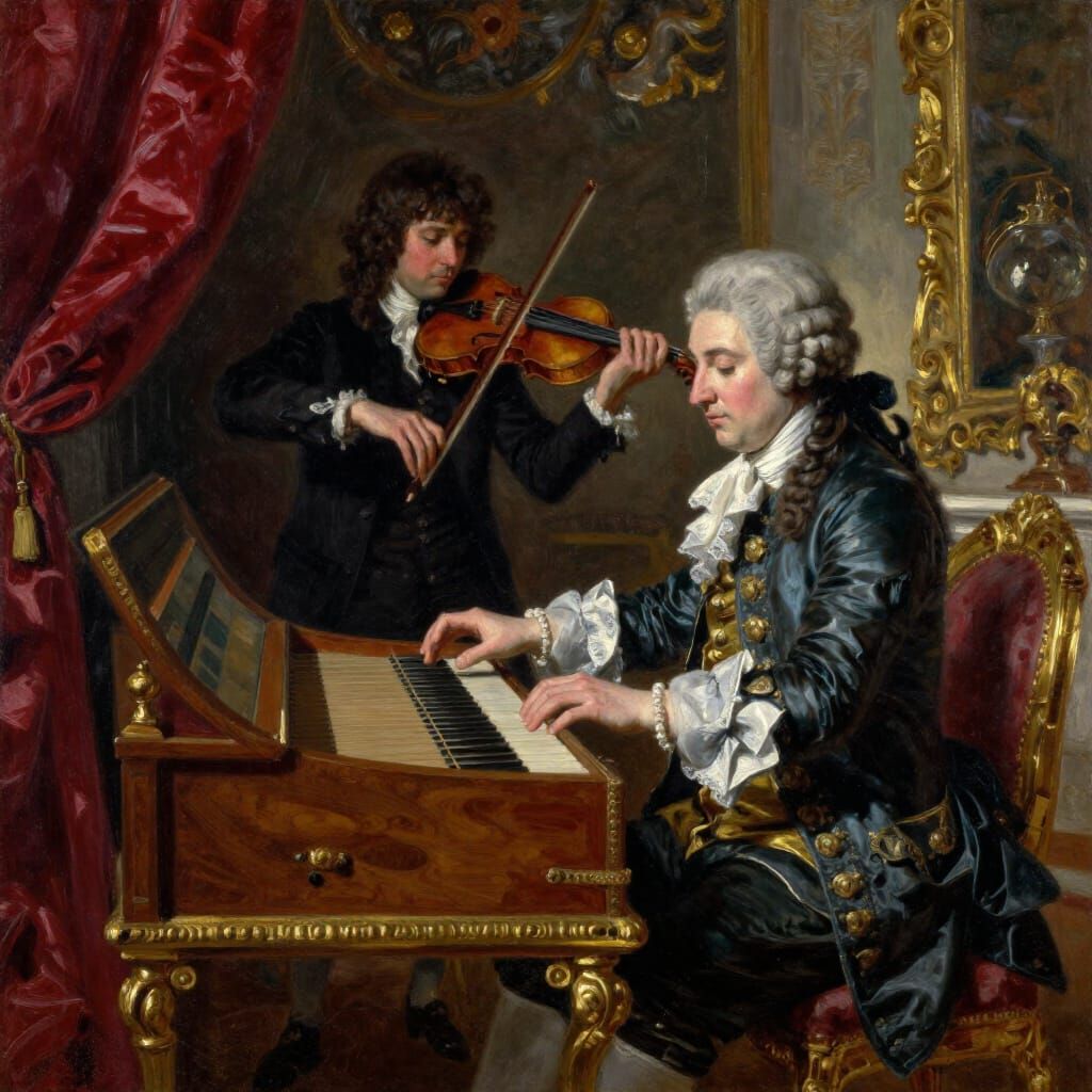 Rococo Harpsichordist in Dramatic Chiaroscuro