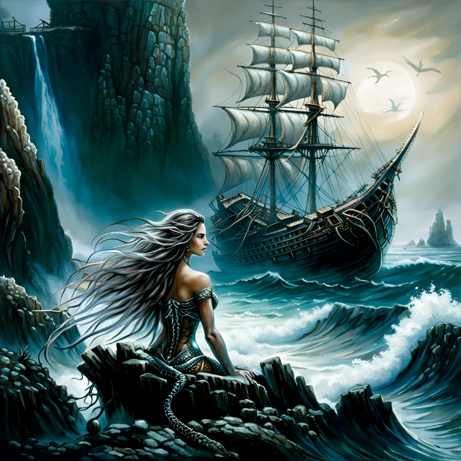 Detailed Mermaid Overlooking Shipwreck in Royo Style