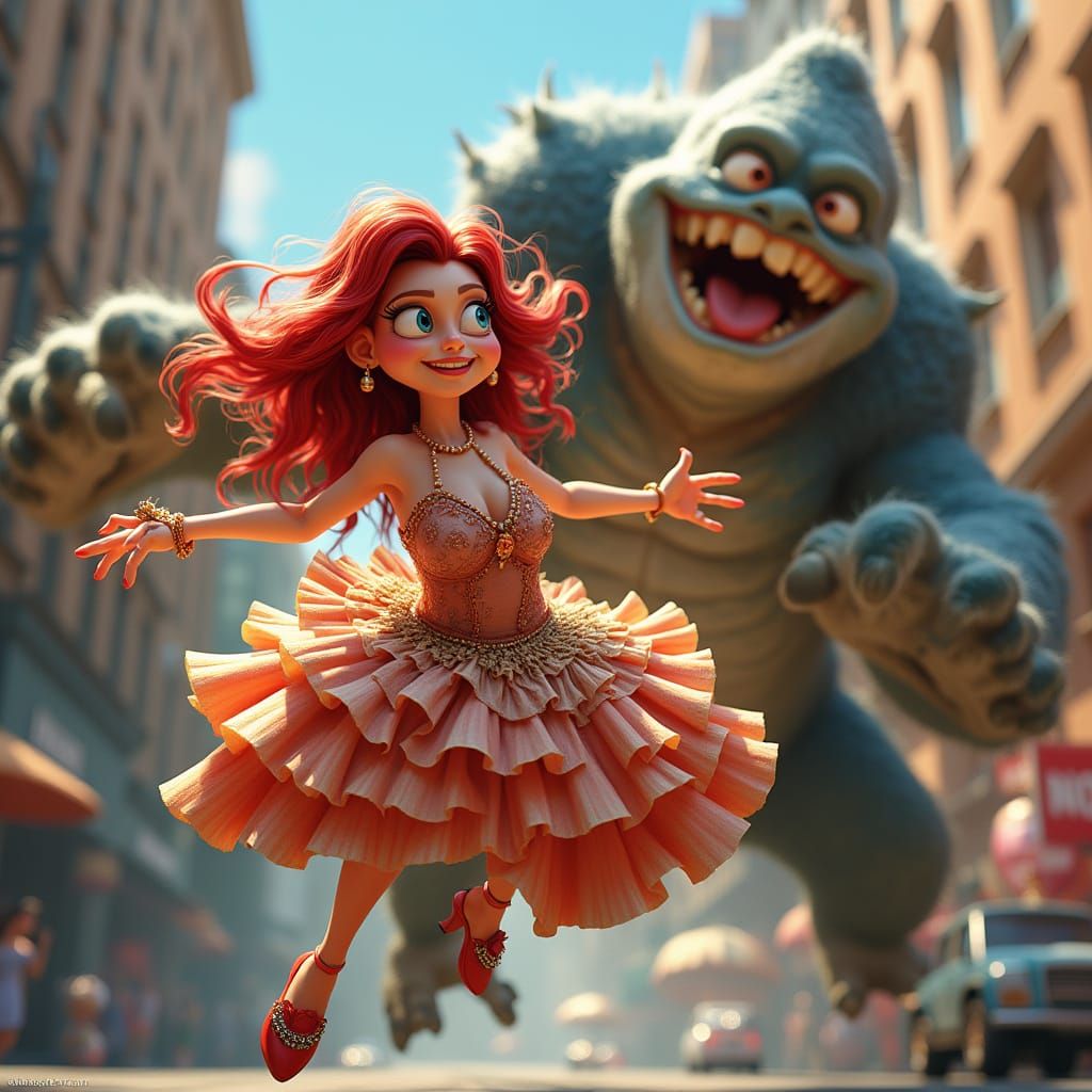 Glamorous Goddess Tossed by Goofy Monster in Vibrant Cartoon...