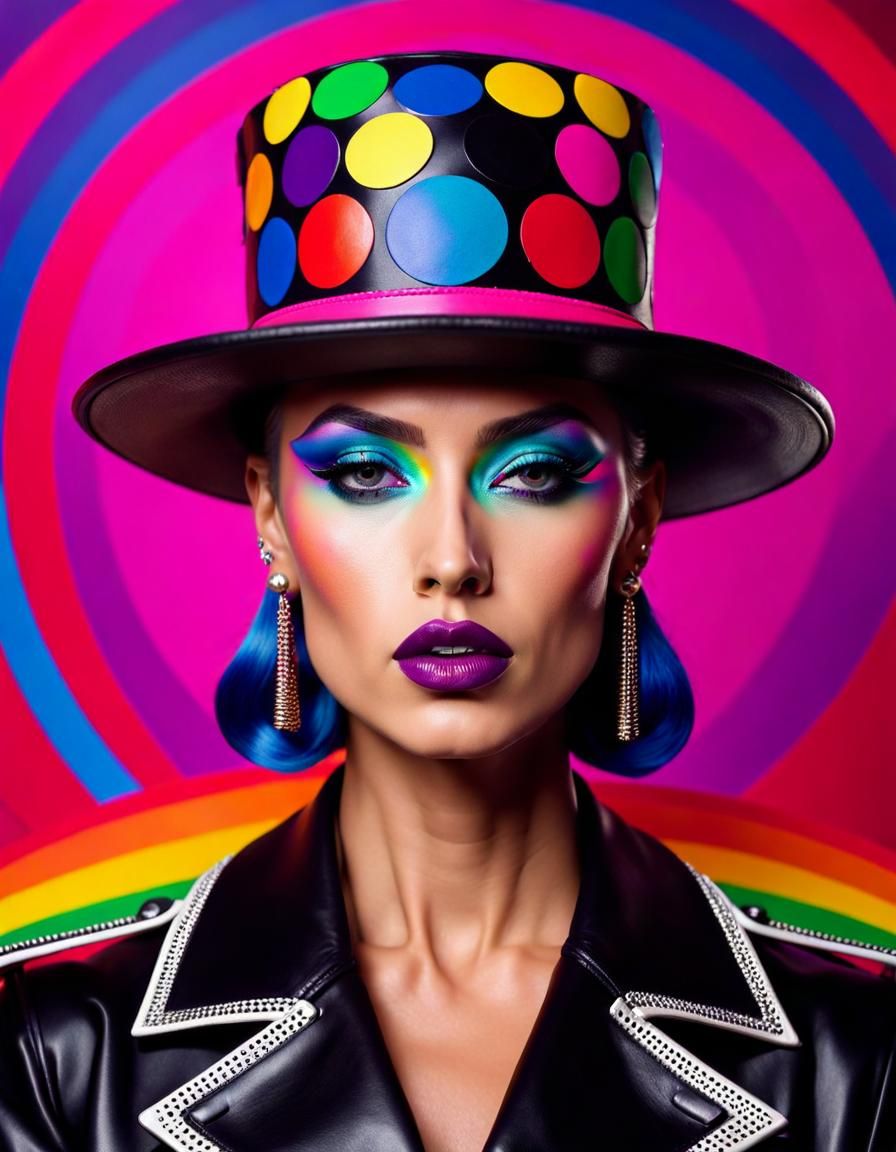 Punk Woman with Rainbow Hat, Kandinsky Background