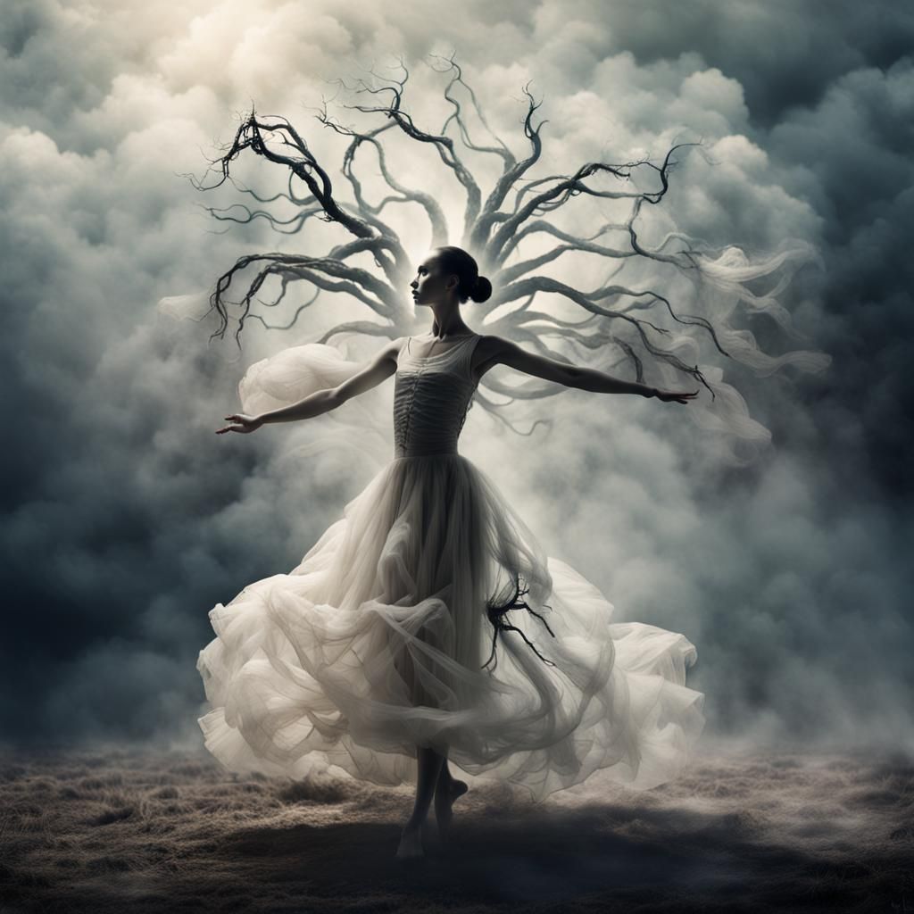 Ballet Dancers in Giger-Inspired Double Exposure Cloudscape