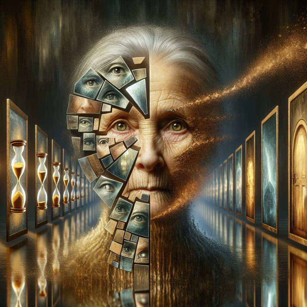 Elderly Woman's Life Reflected in Broken Mirrors