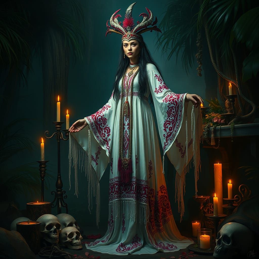 Mystical Voodoo Priestess in Misty Jungle