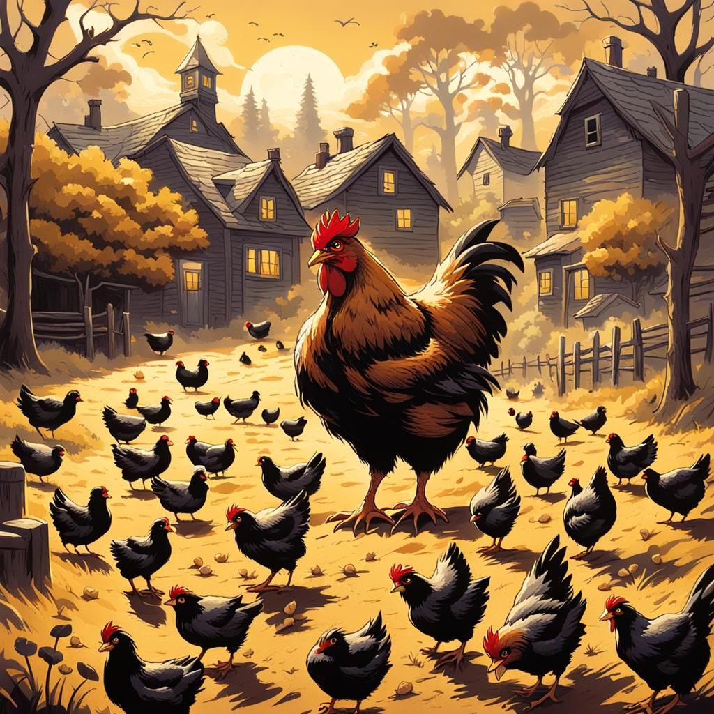 Brooding Hen and Chicks in Village, Sinister Style