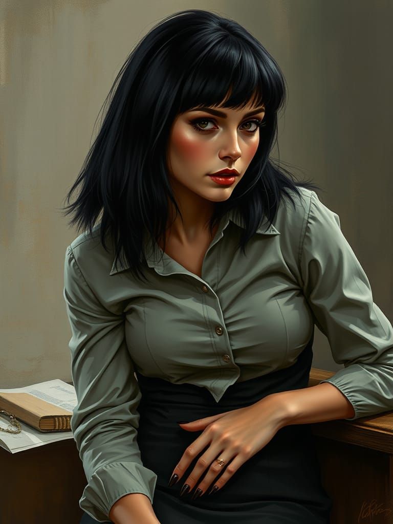 Woman with dark, straight, medium-length hair. Pug nose. Attractive but not traditionally pretty. Wearing a tight, knee-...