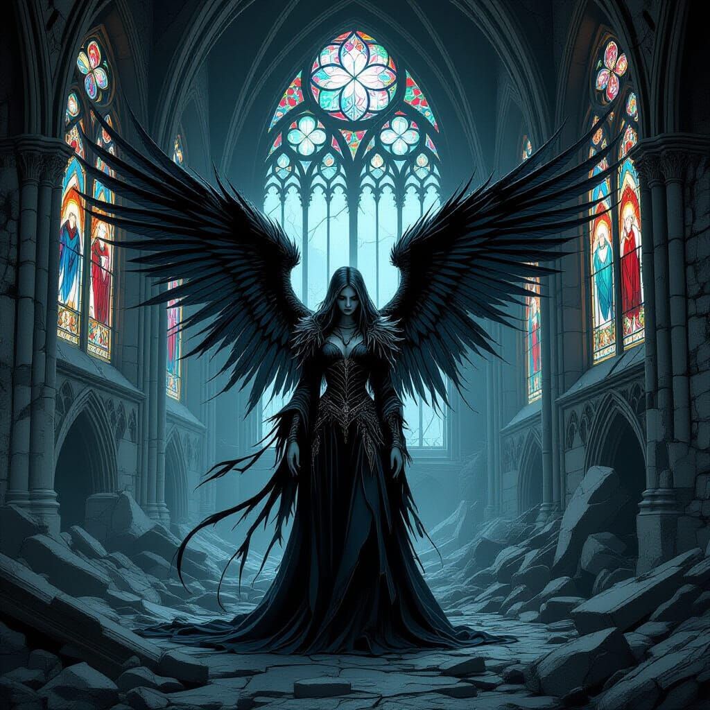 Fallen Angel in Ruined Gothic Cathedral Illustration