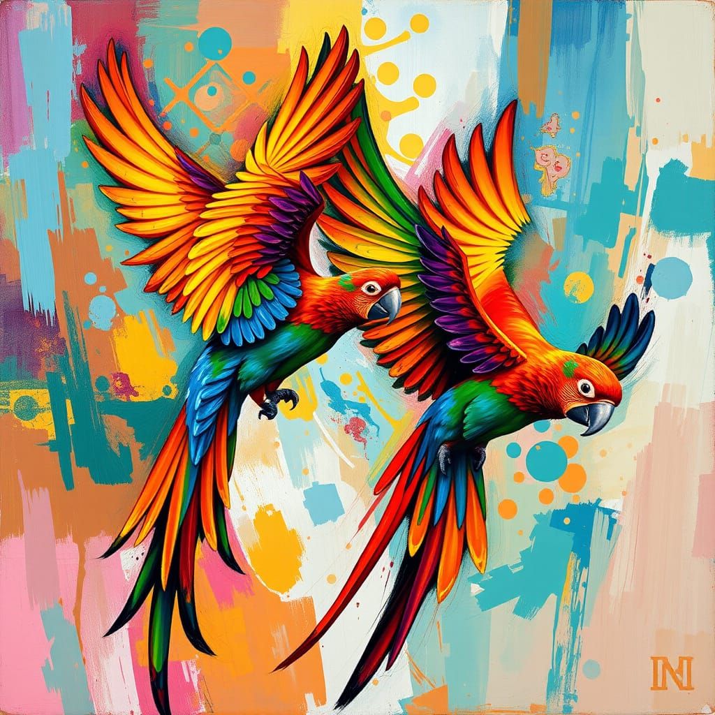 Iridescent Parrots Dance Amidst Vibrant Colors