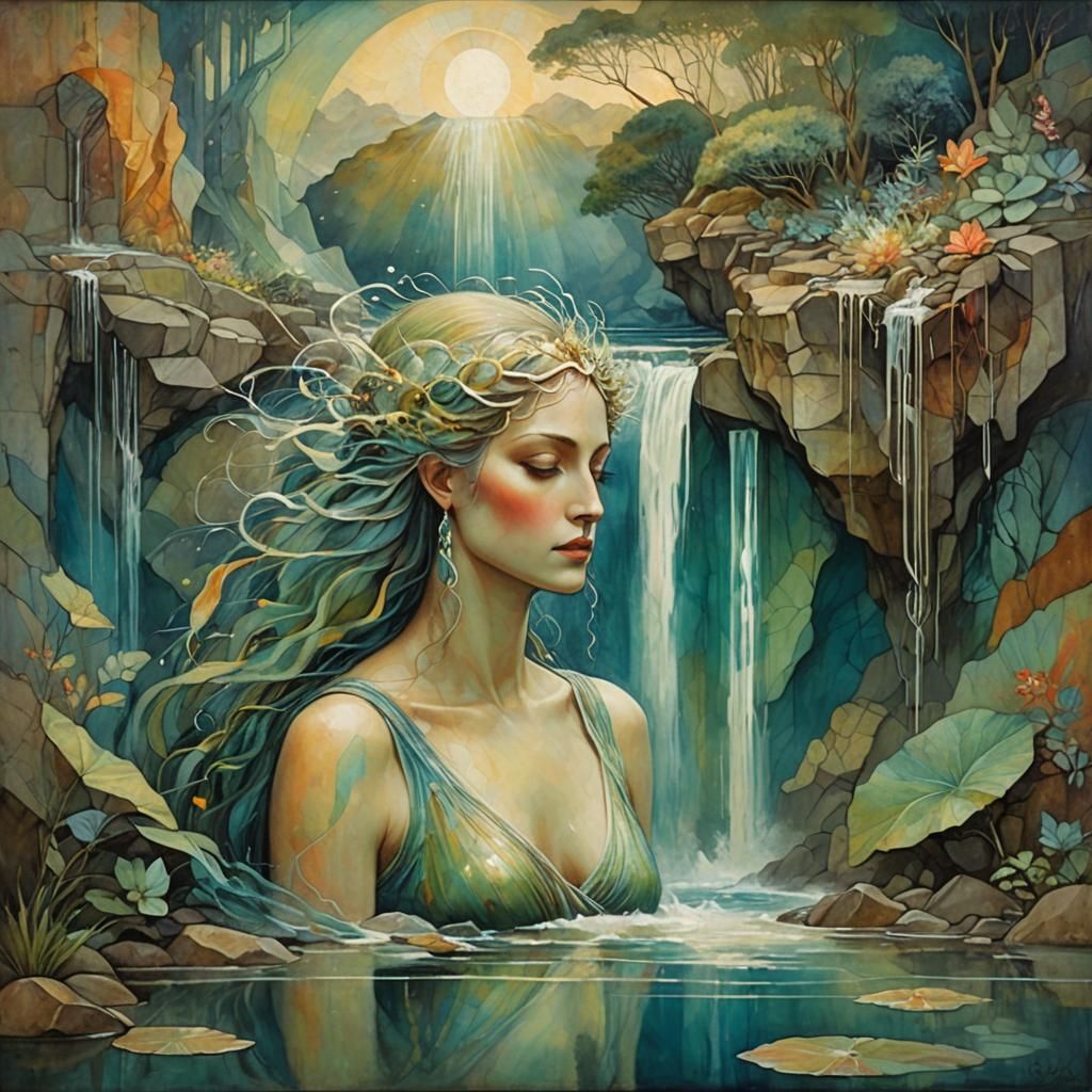 Goddess by Waterfall in Abstract Bauhaus Style