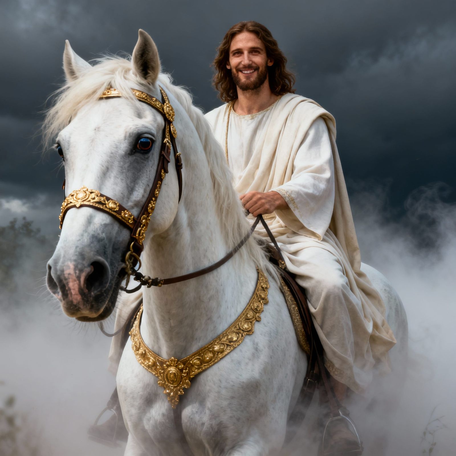 Jesus Rides a Majestic White Arabian Horse in Hyperrealistic...