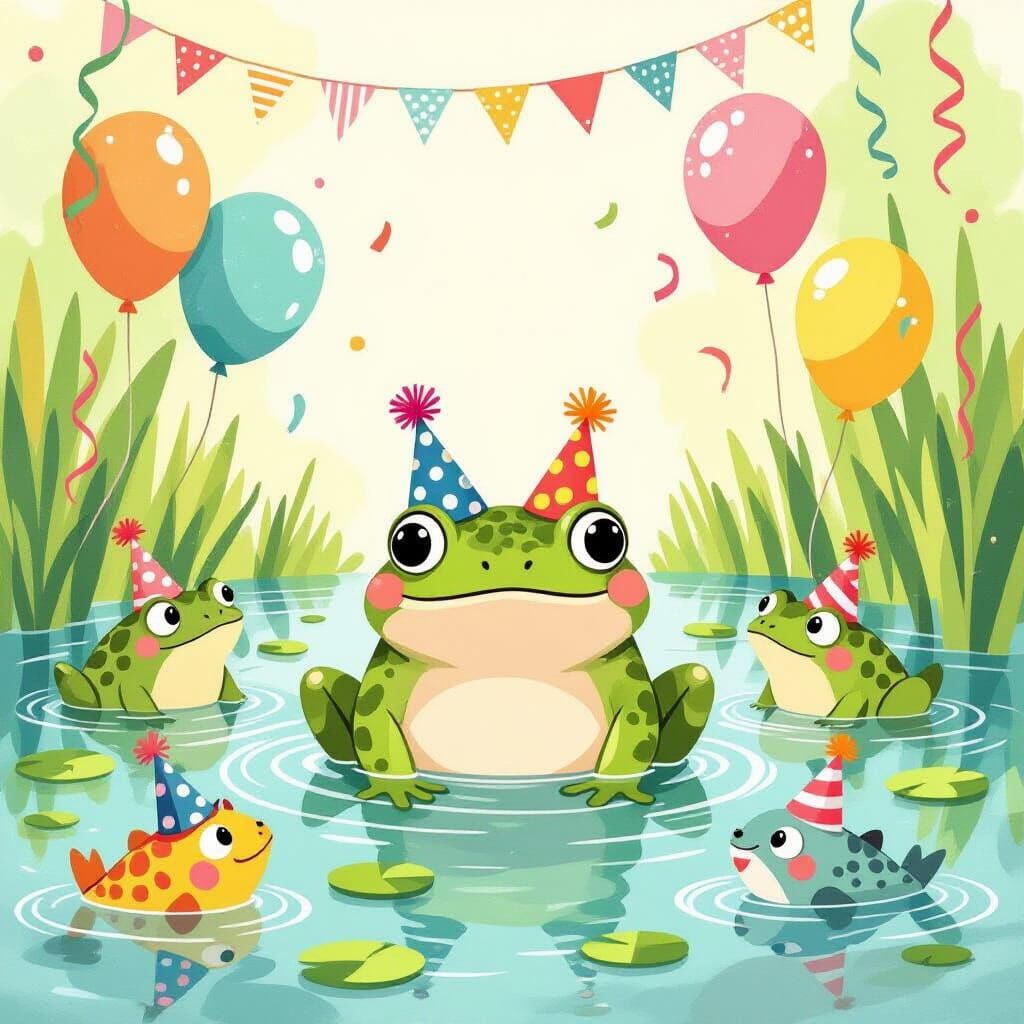 Frog's Surprise Birthday in Whimsical Watercolor Style