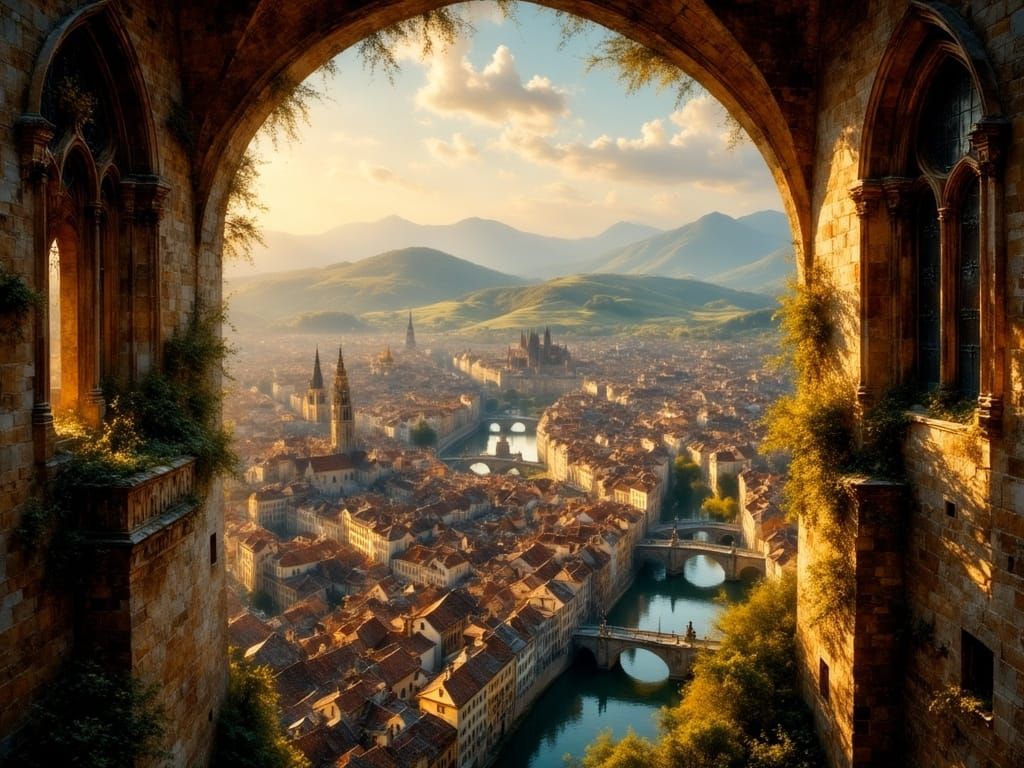 Gothic Bell Tower View Over Medieval City