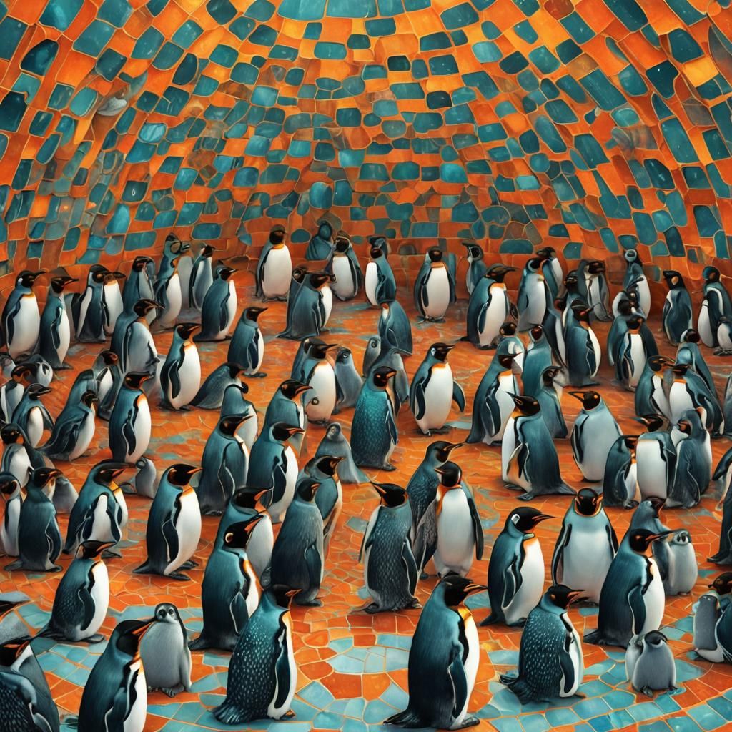 Penguins Await Dinner in Orange Igloo Mosaic