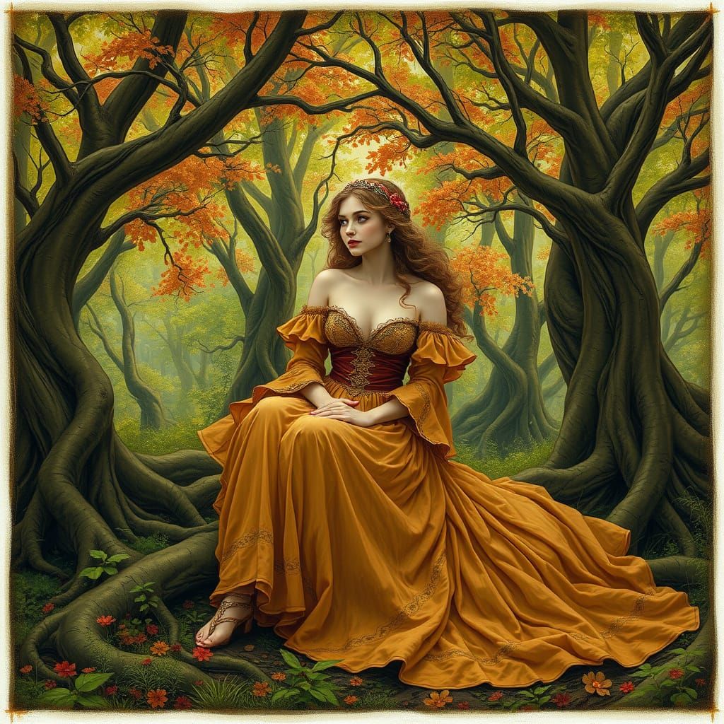 Woman in Forest, Evoking Art Nouveau Style