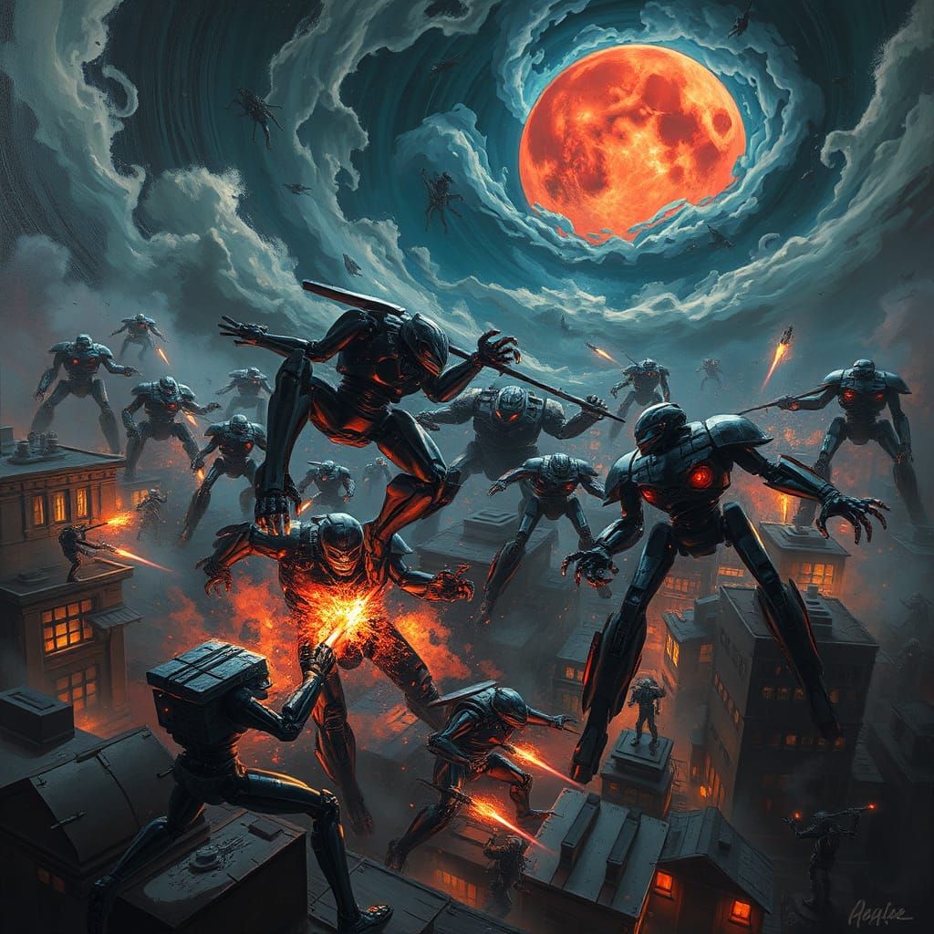 Robotic War in a City at Night, Airbrush Painting Style