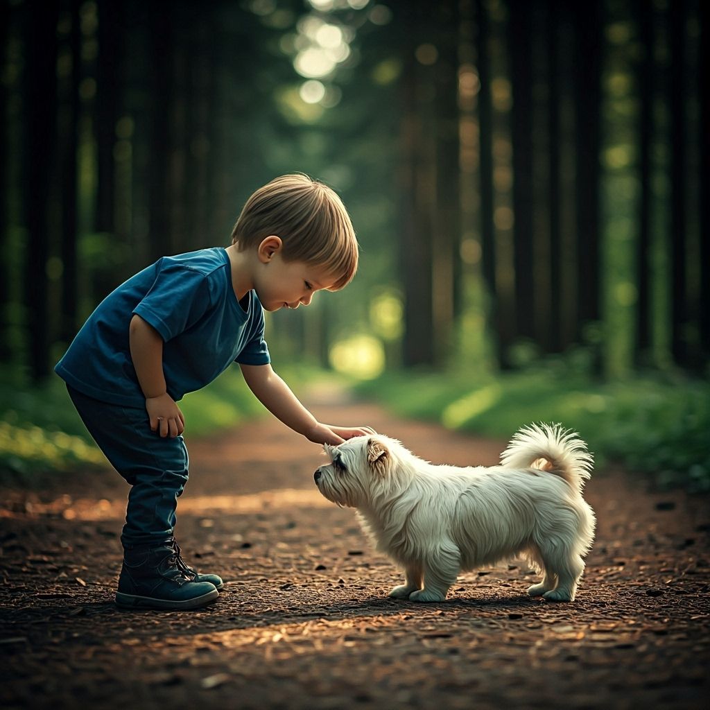 Boy Pets Furry Dog in Enchanted Forest