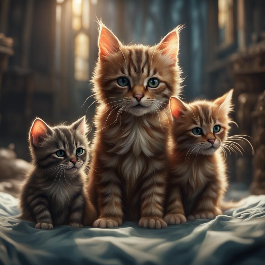 Fanciful Tabby Cat Motherhood Scene in Deep Fantasy Colors
