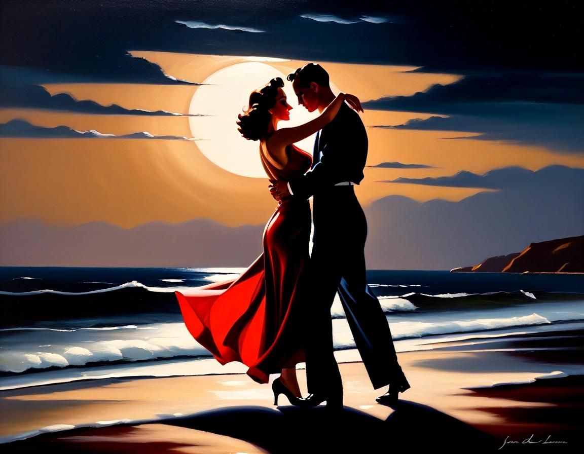 Romantic Beach Dance in Oil Painting Style