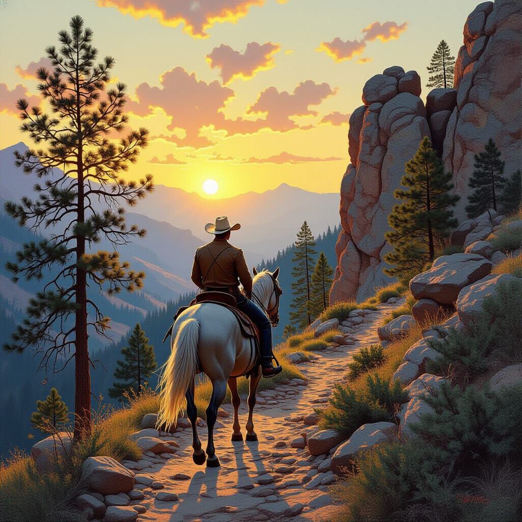 Cowboy Rides Horse Down Rocky Slope at Sunrise