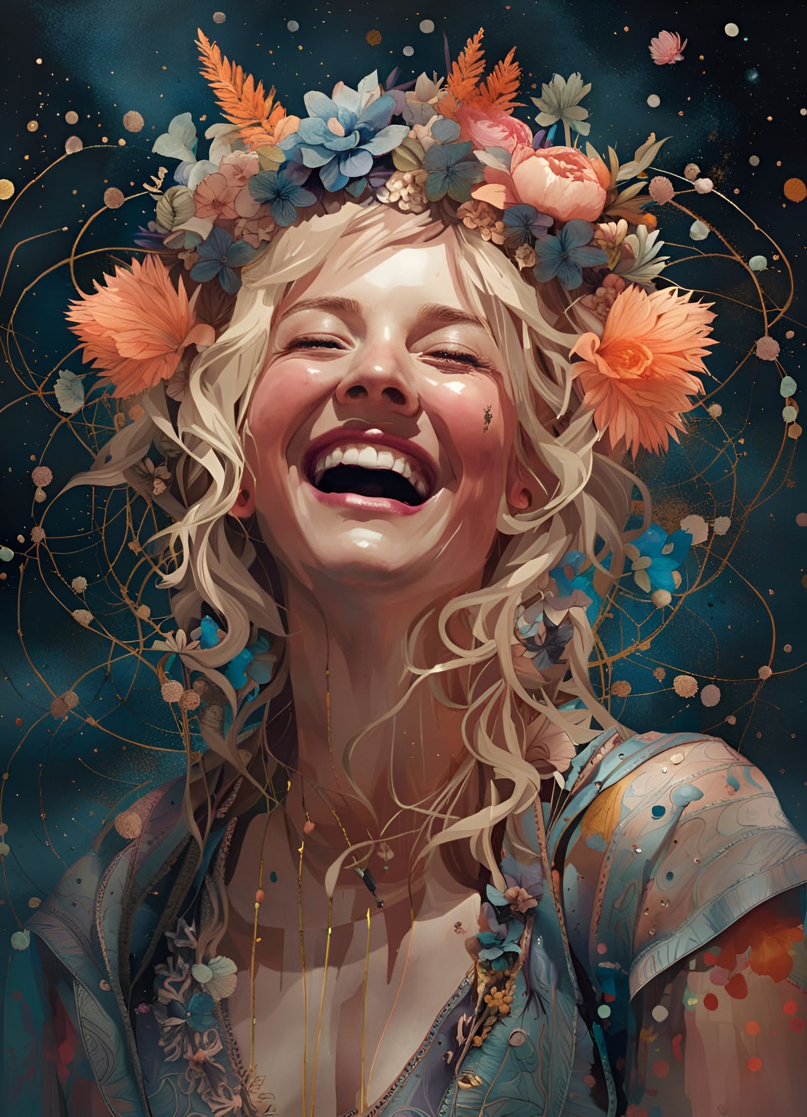 Laughing Woman Portrait with Flower Crown