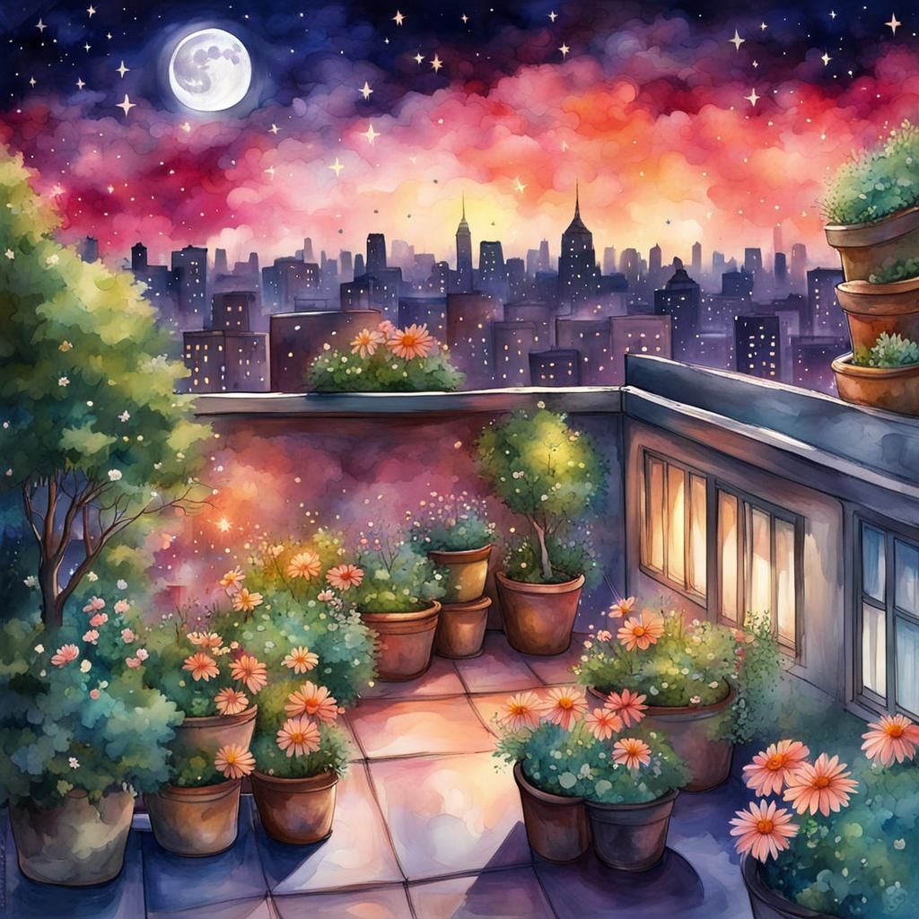 Rooftop Night Garden with City View in Watercolor