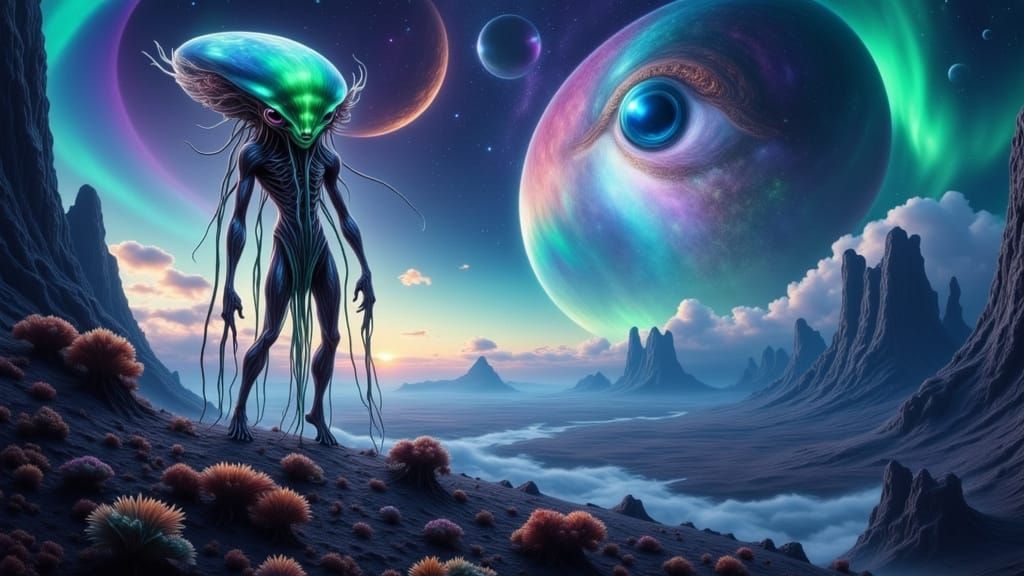 Alien Planet Vista with Twin Moons and Gas Giant