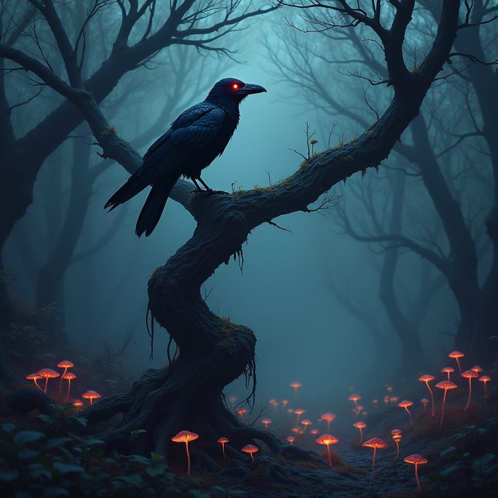 Skeletal Raven in Haunted Forest, Dark Fantasy Art