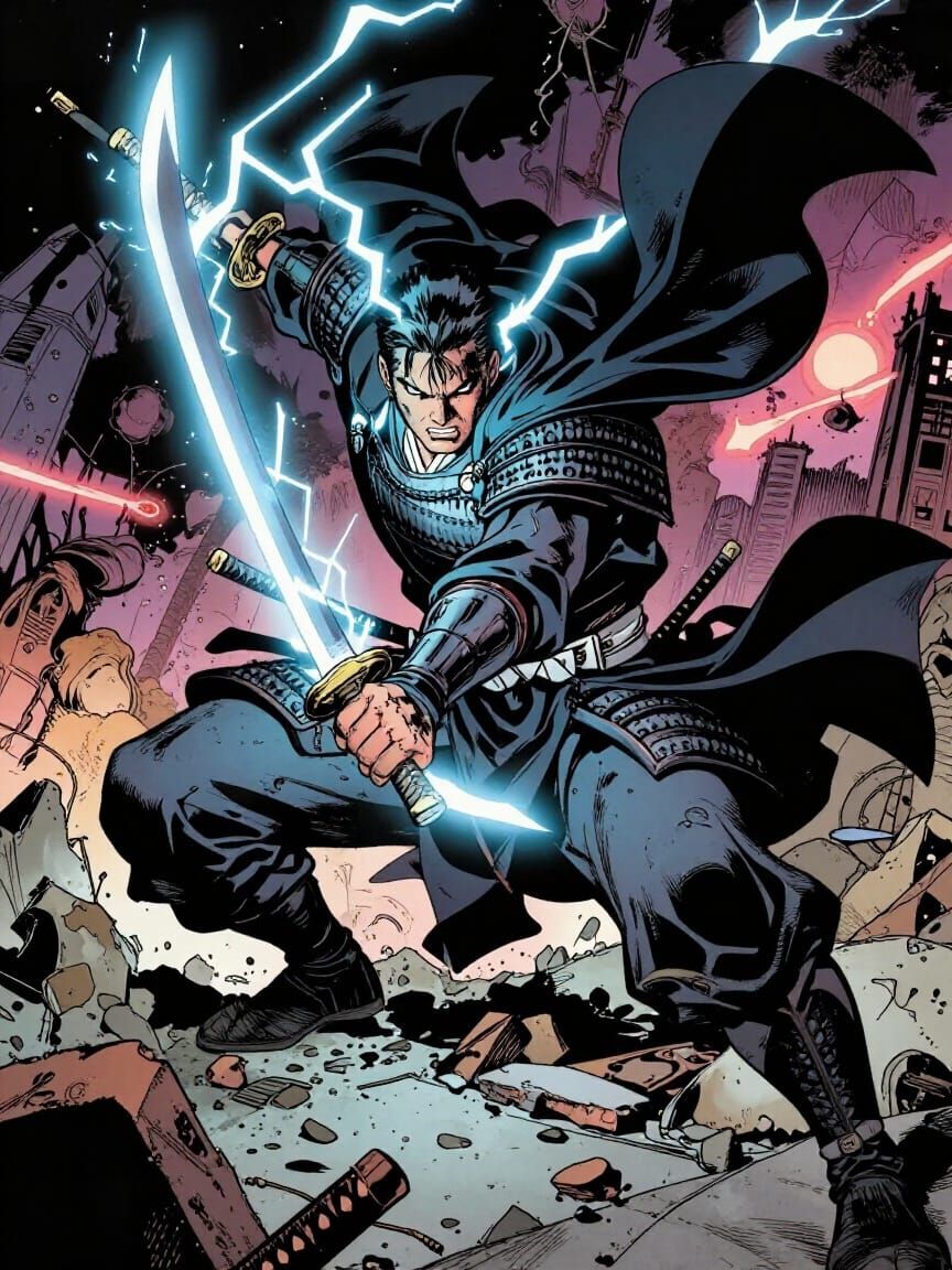 Samurai Warrior in Neon Ruins Comic Art