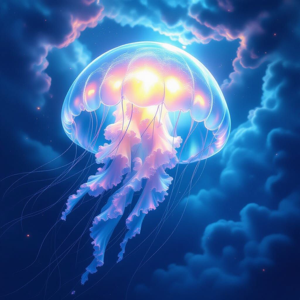 Bioluminescent Jellyfish Drifting Through a Gas Giant