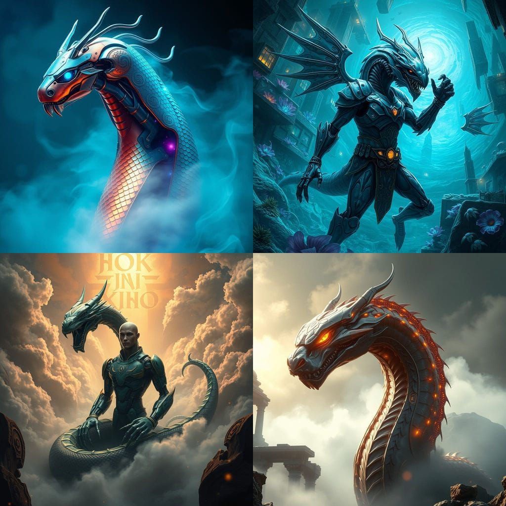 Robotic Naga in Vibrant Fantasy Landscape