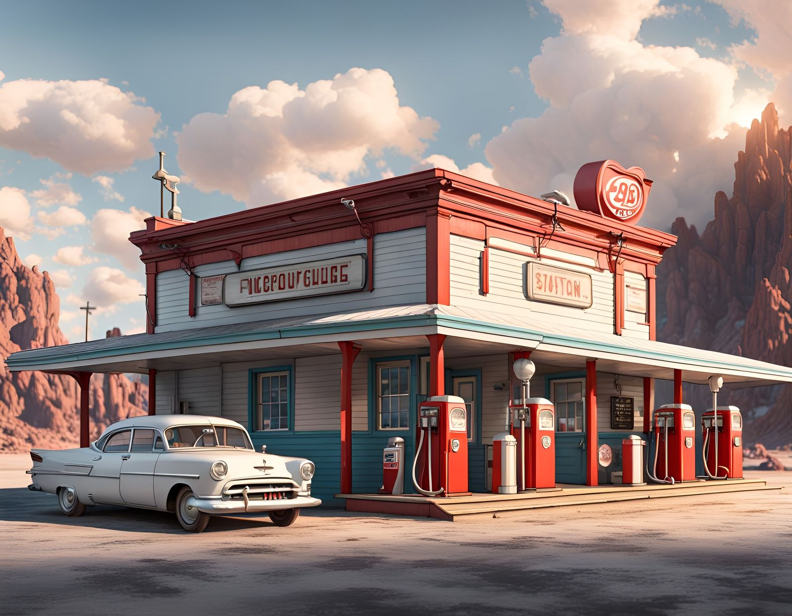 Vintage 1900s Gas Station Exterior in Gouache