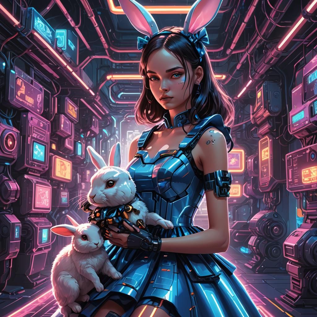 Alice in Cyberpunk Wonderland with Robotic Rabbit