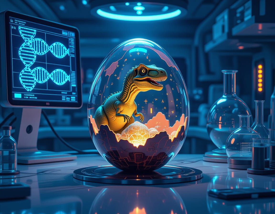 Futuristic Hatching Dinosaur Egg in High-Tech Lab