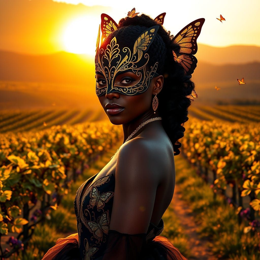 Regal African Woman in Vineyard at Golden Hour