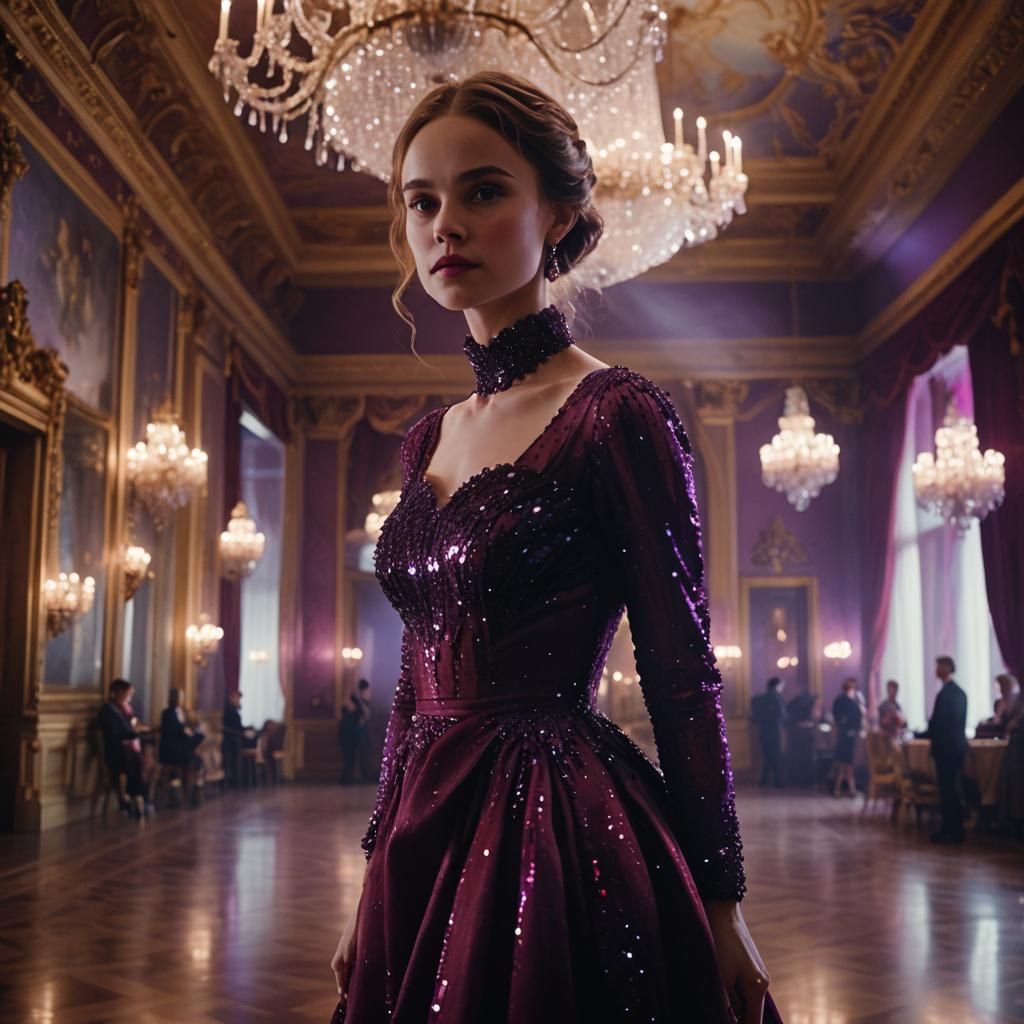 Woman in Gown in Ballroom, Hyperrealistic Photography