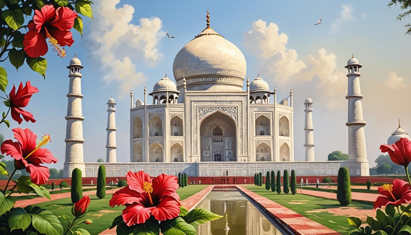 Taj Mahal and Hibiscus Oil Painting